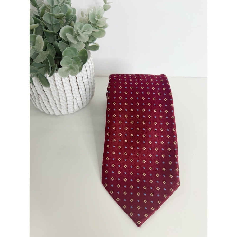 Paul Fredrick Silk Necktie Burgundy Yellow 3 1/4" X 60" Preppy Office Workwear